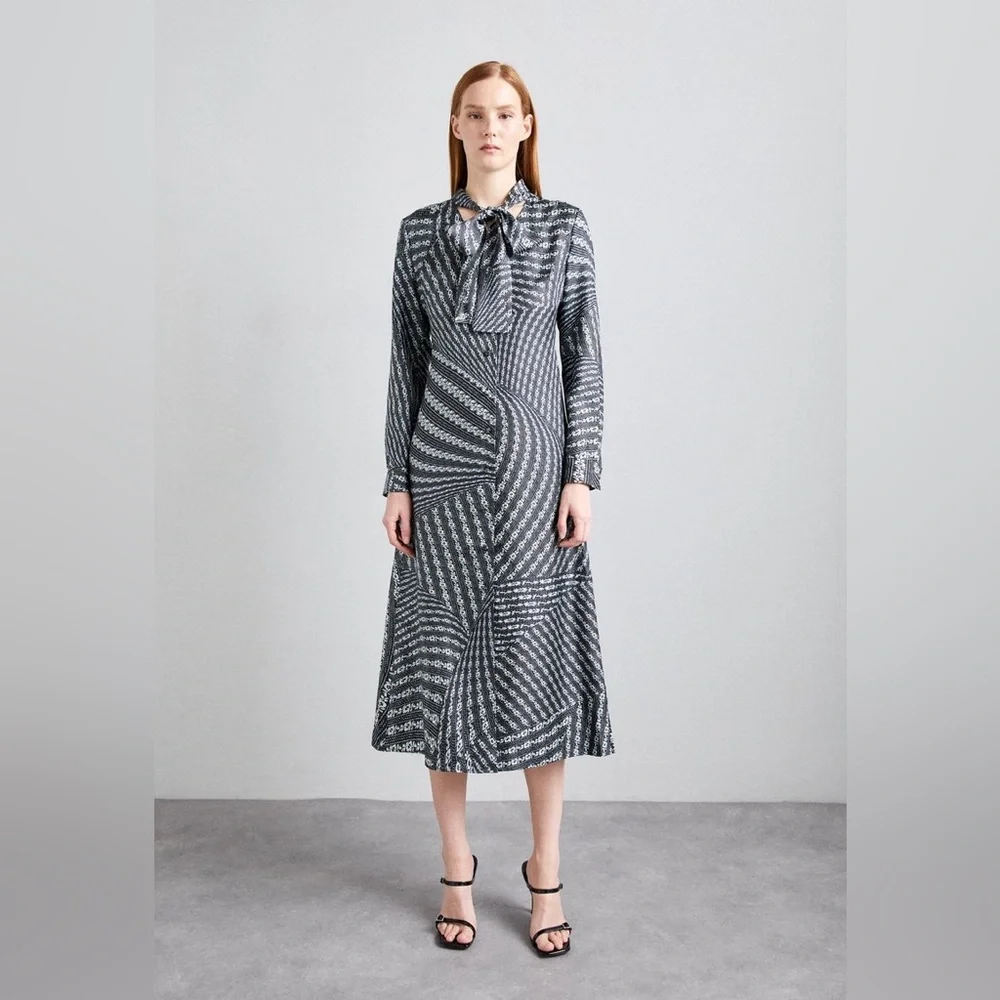 NWT $898 Tory Burch Printed Bow Blouse Dress In Black Warped Lace